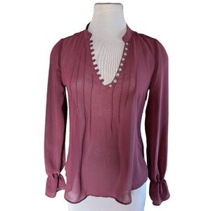 Patterson J Kincaid Burgundy Sheer V-Neck Button Blouse- Small